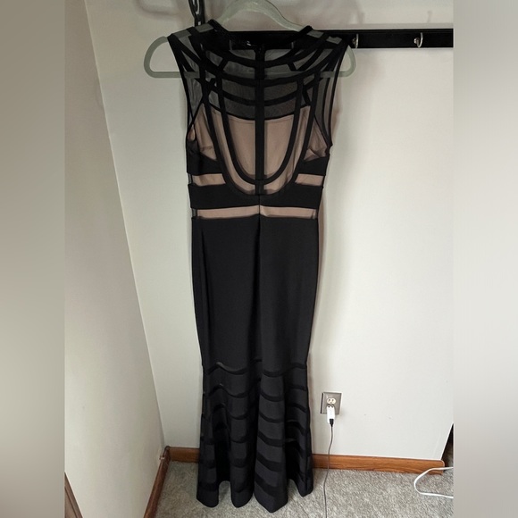 JS Collections Black Illusion Striped Evening Gown | Size 4 | Beaded Neckline - Picture 5 of 13